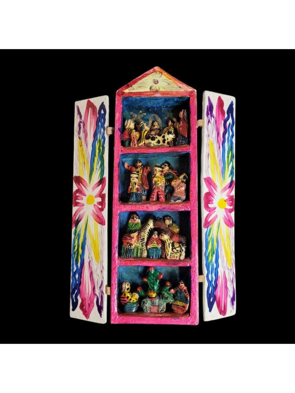 Hand-Carved Wood Retablo Folk Art 4 Scenes- Nativity - Peru - 3.5 x 11 x 1.5 in